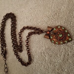 Antique-Inspired Heart Pendant Necklace with Green and Brown Accents